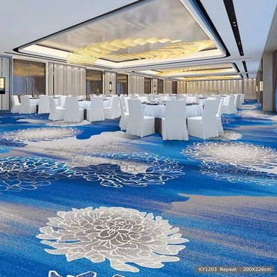 Alfombra con tapices de fondo de yute Oro azul de nylon impresa Sala de banquetes a prueba de fuego Hotel