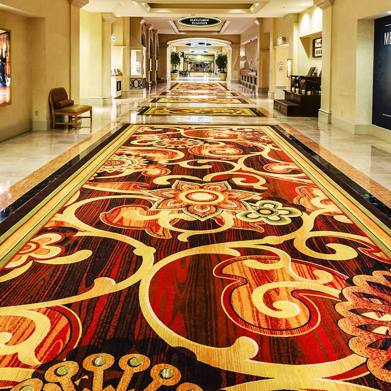 Patrón de rompecabezas de color personalizado Alfombra de piso del hotel Axminster en amarillo y rojo
